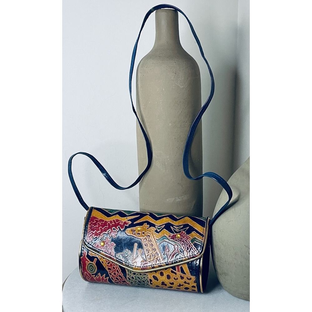 VTG Leather Embossed Giraffe Wildlife Jungle Africa Structured Crossbody Bag - Picture 1 of 12